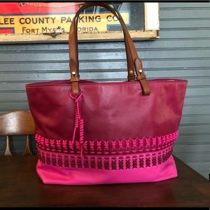 Leather Fossil Raspberry Wine Tote